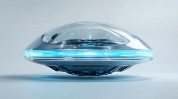Futuristic silver UFO spacecraft with glowing blue energy rings and transparent dome, rendered in 3D with chrome textures and dramatic lighting against white background. render photo