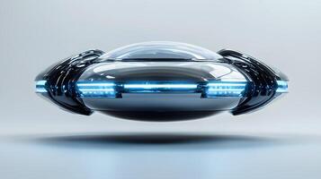 Futuristic silver UFO spacecraft with glowing blue energy rings and transparent dome, rendered in 3D with chrome textures and dramatic lighting against white background. hightech photo