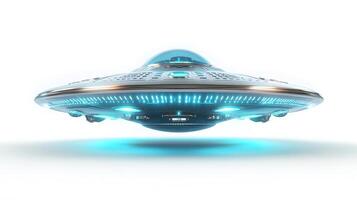 Futuristic silver UFO spacecraft with glowing blue energy rings and transparent dome, rendered in 3D with chrome textures and dramatic lighting against white background. cinematic photo