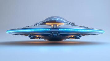 Futuristic silver UFO spacecraft with glowing blue energy rings and transparent dome, rendered in 3D with chrome textures and dramatic lighting against white background. advanced photo