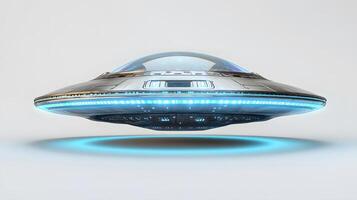 Futuristic silver UFO spacecraft with glowing blue energy rings and transparent dome, rendered in 3D with chrome textures and dramatic lighting against white background. isolated photo