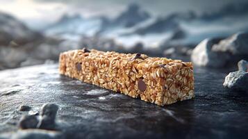 Artfully styled granola bar with chocolate chips, oats, and nuts photographed on black marble background with soft natural lighting and macro detail focus. healthy photo