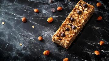 Artfully styled granola bar with chocolate chips, oats, and nuts photographed on black marble background with soft natural lighting and macro detail focus. oats photo