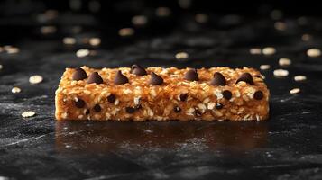 Artfully styled granola bar with chocolate chips, oats, and nuts photographed on black marble background with soft natural lighting and macro detail focus. lighting photo