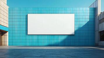 Large blank white billboard displayed against blue tiled wall in urban setting, featuring modern minimalist design and realistic 3D rendering with architectural elements. rendering photo