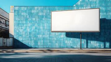 Large blank white billboard displayed against blue tiled wall in urban setting, featuring modern minimalist design and realistic 3D rendering with architectural elements. wall photo