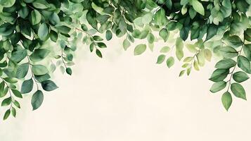 Fresh green leaves arranged in border composition with watercolor effect, featuring various shades and photorealistic botanical details with natural shadows. illustration photo