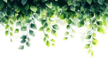 Fresh green leaves arranged in border composition with watercolor effect, featuring various shades and photorealistic botanical details with natural shadows. composition photo