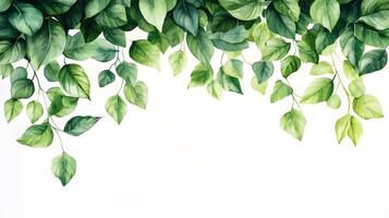 Fresh green leaves arranged in border composition with watercolor effect, featuring various shades and photorealistic botanical details with natural shadows. fresh photo