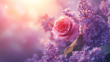 Elegant floral arrangement combining pink roses and purple lilacs with soft bokeh background, creating dreamy atmosphere with ethereal lighting and macro details. fresh photo