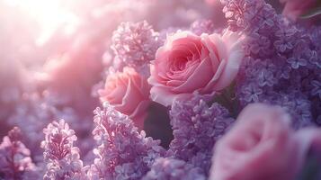 Elegant floral arrangement combining pink roses and purple lilacs with soft bokeh background, creating dreamy atmosphere with ethereal lighting and macro details. styling photo