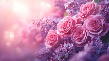 Elegant floral arrangement combining pink roses and purple lilacs with soft bokeh background, creating dreamy atmosphere with ethereal lighting and macro details. flowers photo