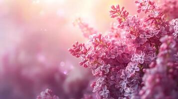 Elegant floral arrangement combining pink roses and purple lilacs with soft bokeh background, creating dreamy atmosphere with ethereal lighting and macro details. elegant photo