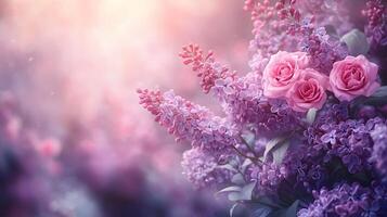 Elegant floral arrangement combining pink roses and purple lilacs with soft bokeh background, creating dreamy atmosphere with ethereal lighting and macro details. lilacs photo