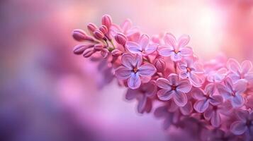 Elegant floral arrangement combining pink roses and purple lilacs with soft bokeh background, creating dreamy atmosphere with ethereal lighting and macro details. roses photo