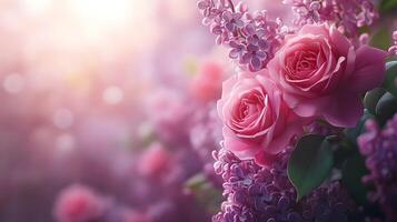 Elegant floral arrangement combining pink roses and purple lilacs with soft bokeh background, creating dreamy atmosphere with ethereal lighting and macro details. misty photo