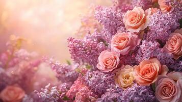 Elegant floral arrangement combining pink roses and purple lilacs with soft bokeh background, creating dreamy atmosphere with ethereal lighting and macro details. purple photo