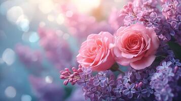Elegant floral arrangement combining pink roses and purple lilacs with soft bokeh background, creating dreamy atmosphere with ethereal lighting and macro details. spring photo