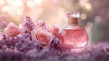 Elegant floral arrangement combining pink roses and purple lilacs with soft bokeh background, creating dreamy atmosphere with ethereal lighting and macro details. romantic photo