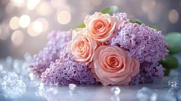Elegant floral arrangement combining pink roses and purple lilacs with soft bokeh background, creating dreamy atmosphere with ethereal lighting and macro details. atmosphere photo