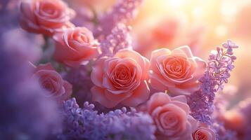 Elegant floral arrangement combining pink roses and purple lilacs with soft bokeh background, creating dreamy atmosphere with ethereal lighting and macro details. pastel photo