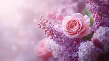 Elegant floral arrangement combining pink roses and purple lilacs with soft bokeh background, creating dreamy atmosphere with ethereal lighting and macro details. floral photo