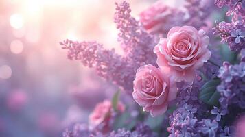Elegant floral arrangement combining pink roses and purple lilacs with soft bokeh background, creating dreamy atmosphere with ethereal lighting and macro details. pink photo