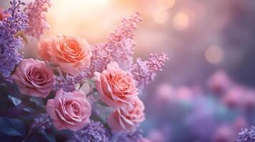 Elegant floral arrangement combining pink roses and purple lilacs with soft bokeh background, creating dreamy atmosphere with ethereal lighting and macro details. delicate photo