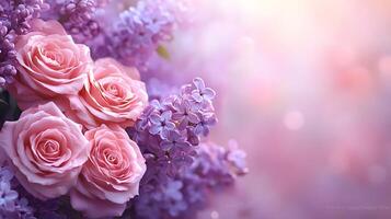 Elegant floral arrangement combining pink roses and purple lilacs with soft bokeh background, creating dreamy atmosphere with ethereal lighting and macro details. dreamy photo