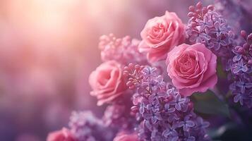 Elegant floral arrangement combining pink roses and purple lilacs with soft bokeh background, creating dreamy atmosphere with ethereal lighting and macro details. professional photo