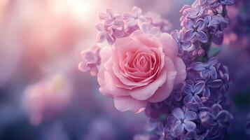 Elegant floral arrangement combining pink roses and purple lilacs with soft bokeh background, creating dreamy atmosphere with ethereal lighting and macro details. bokeh photo