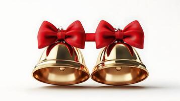 Shiny golden Christmas bells with red satin ribbon bow rendered in 3D, featuring metallic texture and polished brass finish with soft shadows against white background. metallic photo