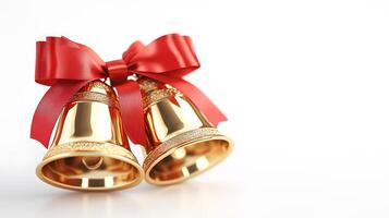 Shiny golden Christmas bells with red satin ribbon bow rendered in 3D, featuring metallic texture and polished brass finish with soft shadows against white background. cheerful photo