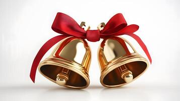 Shiny golden Christmas bells with red satin ribbon bow rendered in 3D, featuring metallic texture and polished brass finish with soft shadows against white background. christmas photo