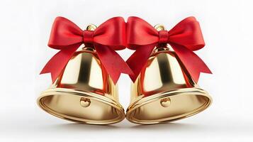 Shiny golden Christmas bells with red satin ribbon bow rendered in 3D, featuring metallic texture and polished brass finish with soft shadows against white background. golden photo