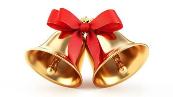 Shiny golden Christmas bells with red satin ribbon bow rendered in 3D, featuring metallic texture and polished brass finish with soft shadows against white background. joyful photo