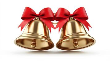 Shiny golden Christmas bells with red satin ribbon bow rendered in 3D, featuring metallic texture and polished brass finish with soft shadows against white background. merry photo