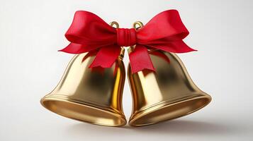 Shiny golden Christmas bells with red satin ribbon bow rendered in 3D, featuring metallic texture and polished brass finish with soft shadows against white background. traditional photo