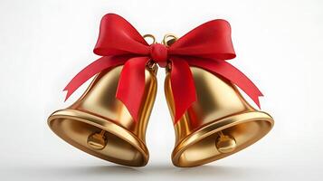 Shiny golden Christmas bells with red satin ribbon bow rendered in 3D, featuring metallic texture and polished brass finish with soft shadows against white background. satin photo