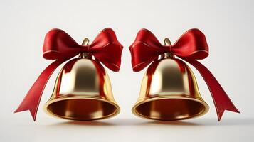 Shiny golden Christmas bells with red satin ribbon bow rendered in 3D, featuring metallic texture and polished brass finish with soft shadows against white background. gleaming photo
