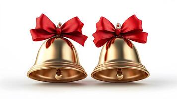 Shiny golden Christmas bells with red satin ribbon bow rendered in 3D, featuring metallic texture and polished brass finish with soft shadows against white background. red photo