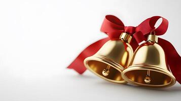 Shiny golden Christmas bells with red satin ribbon bow rendered in 3D, featuring metallic texture and polished brass finish with soft shadows against white background. bow photo