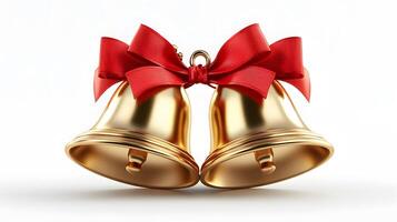 Shiny golden Christmas bells with red satin ribbon bow rendered in 3D, featuring metallic texture and polished brass finish with soft shadows against white background. shadows photo