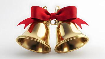 Shiny golden Christmas bells with red satin ribbon bow rendered in 3D, featuring metallic texture and polished brass finish with soft shadows against white background. shiny photo