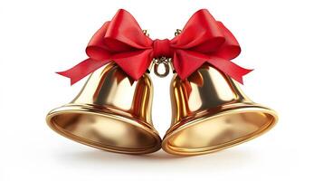Shiny golden Christmas bells with red satin ribbon bow rendered in 3D, featuring metallic texture and polished brass finish with soft shadows against white background. ribbon photo