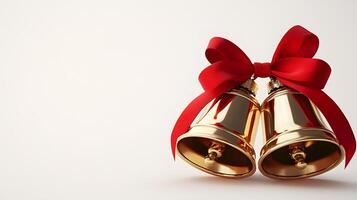 Shiny golden Christmas bells with red satin ribbon bow rendered in 3D, featuring metallic texture and polished brass finish with soft shadows against white background. bright photo