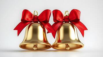 Shiny golden Christmas bells with red satin ribbon bow rendered in 3D, featuring metallic texture and polished brass finish with soft shadows against white background. bells photo