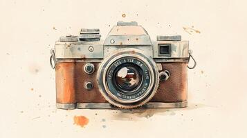 Nostalgic watercolor illustration of vintage camera with brown leather texture, featuring artistic sketch style with coffee stains and sepia tones in travel journal aesthetic. linework photo