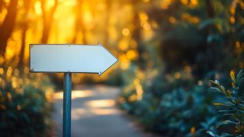 Minimalist white directional arrow sign on metal pole against blurred nature background with bokeh effect, featuring clean design in outdoor forest setting. directional photo