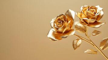 Metallic gold roses branch sculpted in 24k gold displays intricate floral artistry against beige backdrop, photographed with soft lighting in contemporary luxury style. metallic photo